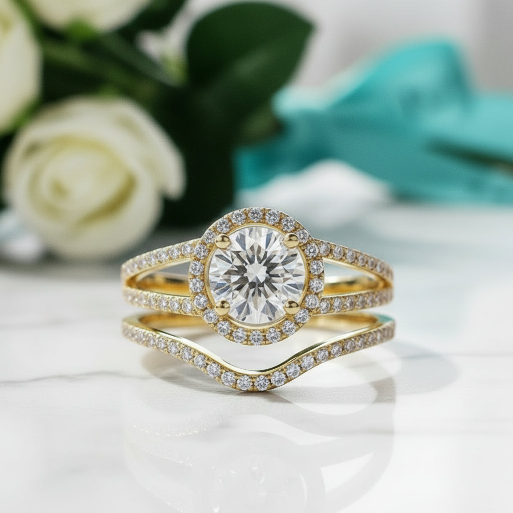 10K Yellow Gold 1.0 Ct Round Diamond Halo Engagement Ring Set-Evani Jewelry