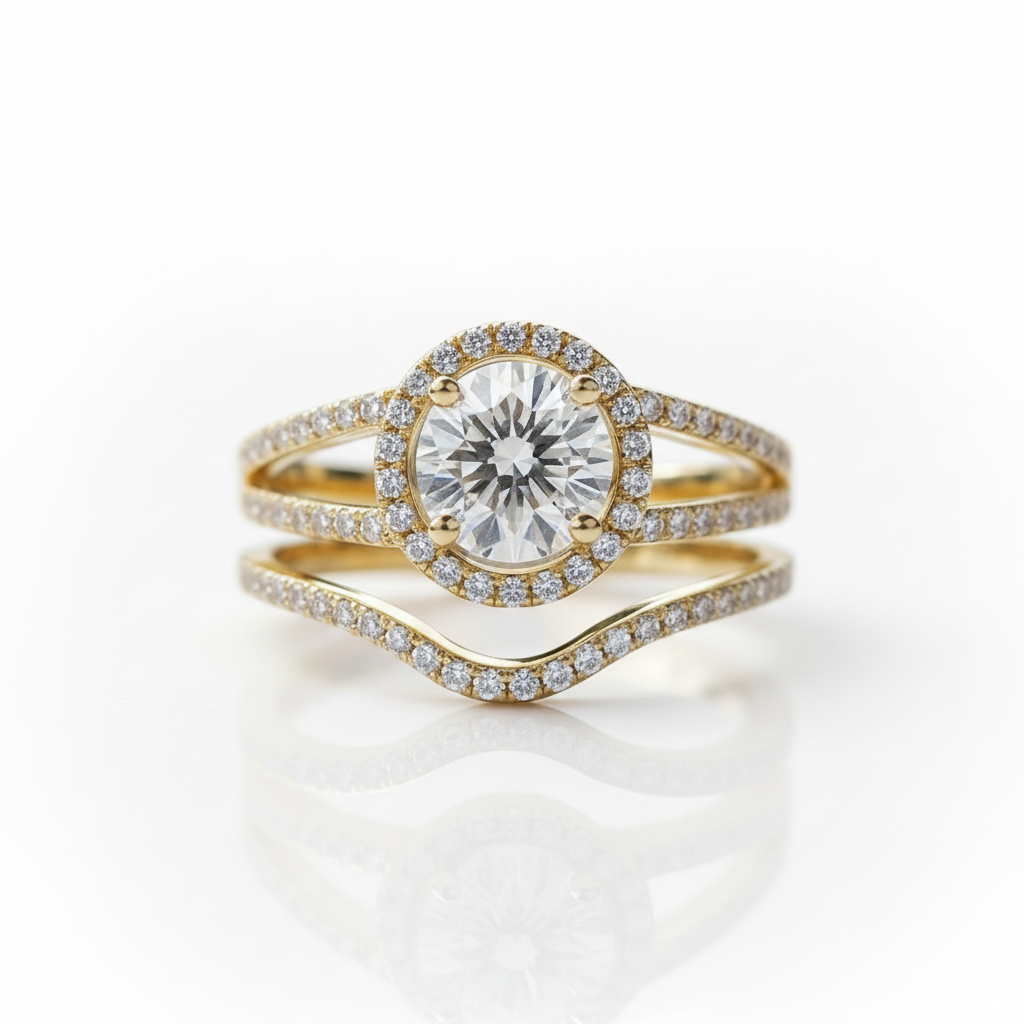 10K Yellow Gold 1.0 Ct Round Diamond OptionHalo Engagement Ring Set - Evani Naomi Jewelry
