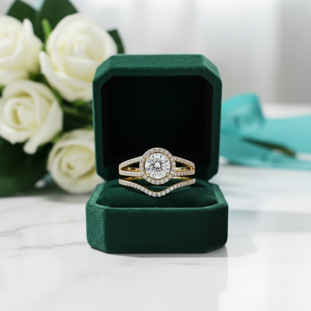 10K Yellow Gold 1.0 Ct Round Diamond OptionHalo Engagement Ring Set - Evani Naomi Jewelry