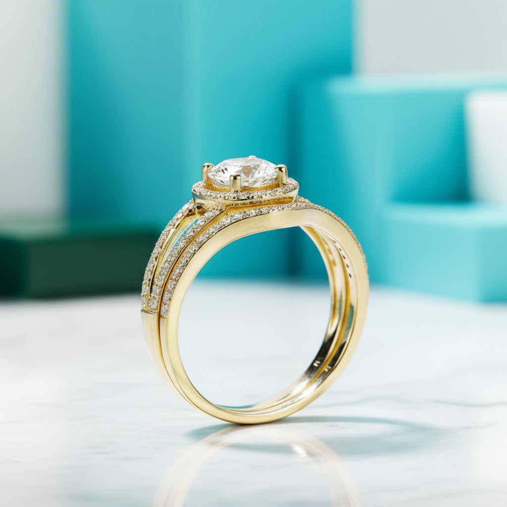 10K Yellow Gold 1.0 Ct Round Diamond Halo Engagement Ring Set-Evani Jewelry