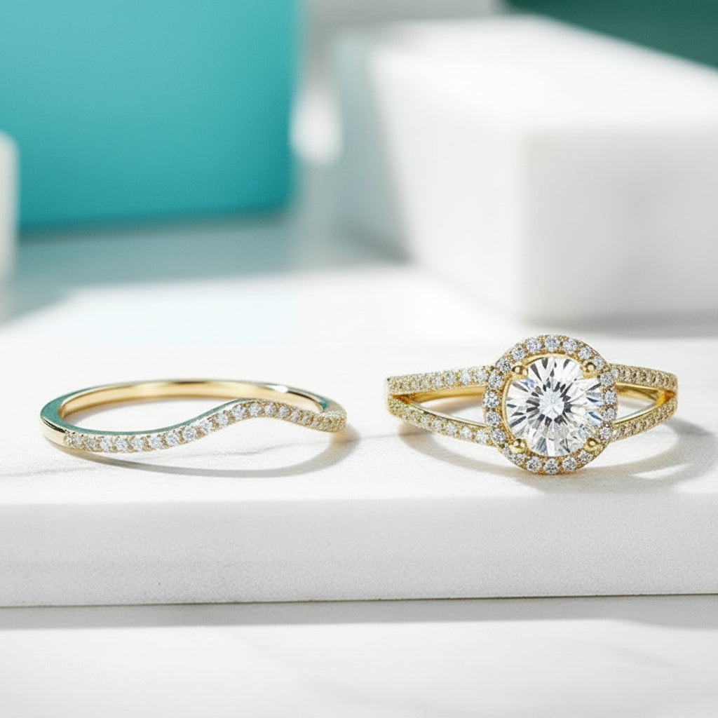 10K Yellow Gold 1.0 Ct Round Diamond Halo Engagement Ring Set-Evani Jewelry