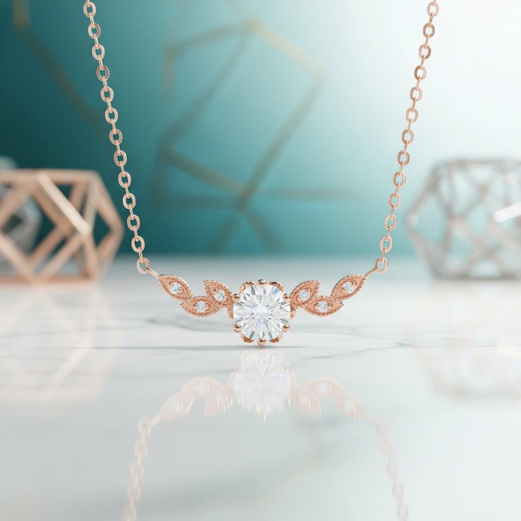 14K Gold 1.0 Ct Diamond Floral Leaf Necklace-Evani Jewelry