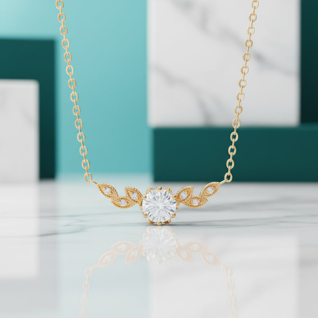 14K Gold 1.0 Ct Diamond Floral Leaf Necklace-Evani Jewelry
