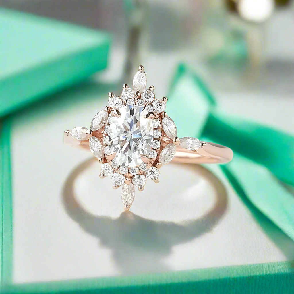 14K Gold 1.0 Ct Oval Cut Antique Flower Engagement Ring-Evani Naomi Jewelry