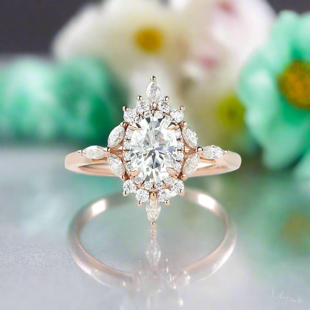 14K Gold 1.0 Ct Oval Cut Antique Flower Engagement Ring-Evani Naomi Jewelry