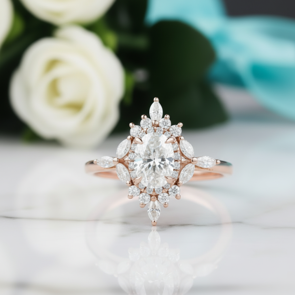 14K Gold 1.0 Ct Oval Cut Antique Flower Engagement Ring-Evani Jewelry