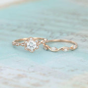 14K Rose Gold 0.5 Ct Round Cut Diamond Flower Engagement Ring Set-Evani Naomi Jewelry