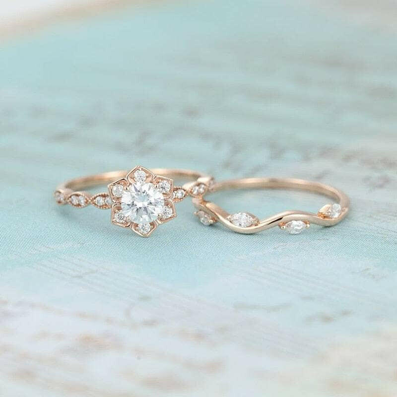 14K Rose Gold 0.5 Ct Round Cut Diamond Flower Engagement Ring Set-Evani Naomi Jewelry
