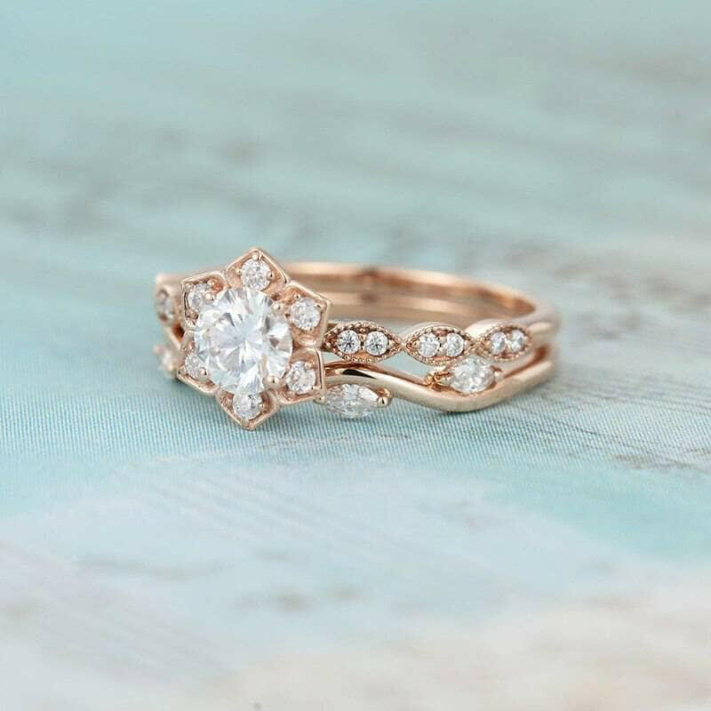 14K Rose Gold 0.5 Ct Round Cut Diamond Flower Engagement Ring Set-Evani Naomi Jewelry