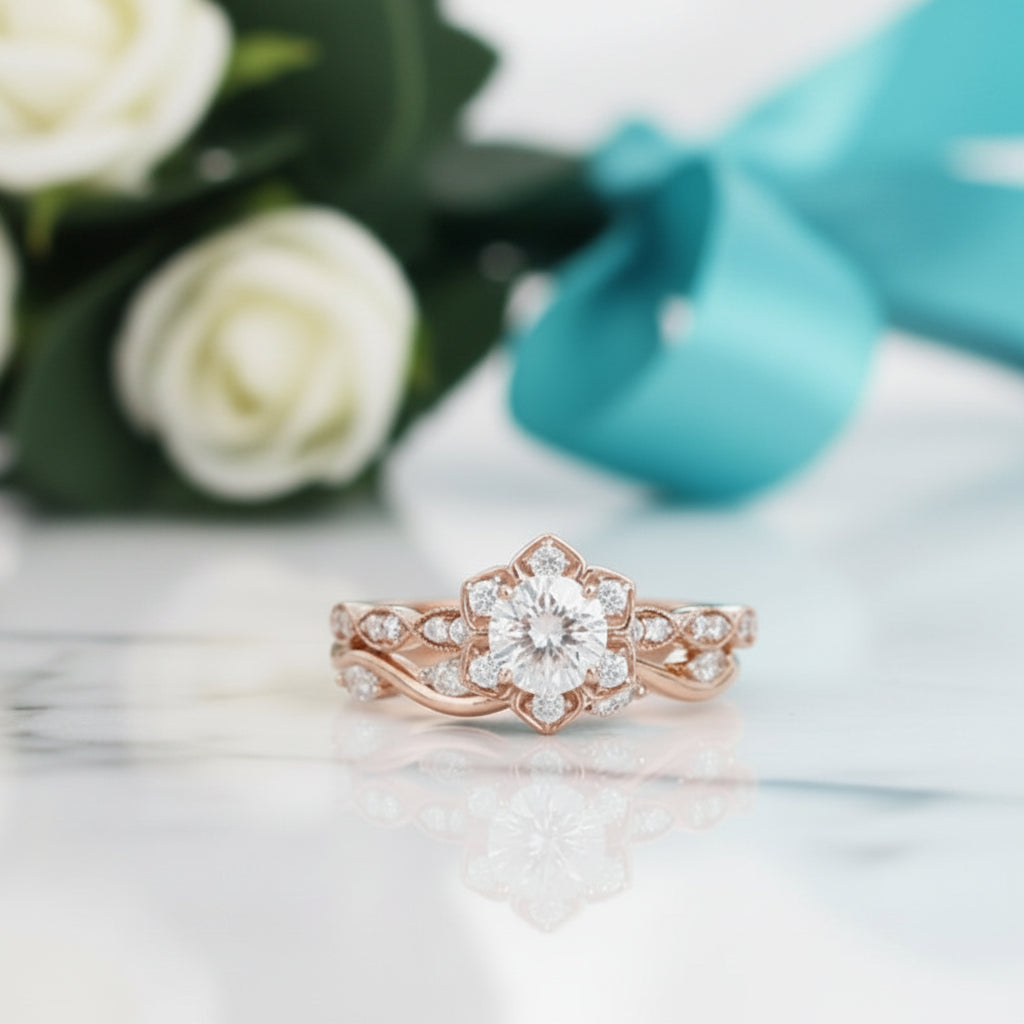 14K Rose Gold 0.5 Ct Round Cut Diamond Flower Engagement Ring Set-Evani Jewelry