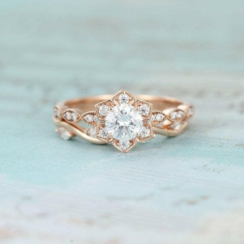 14K Rose Gold 0.5 Ct Round Cut Diamond Flower Engagement Ring Set-Evani Naomi Jewelry