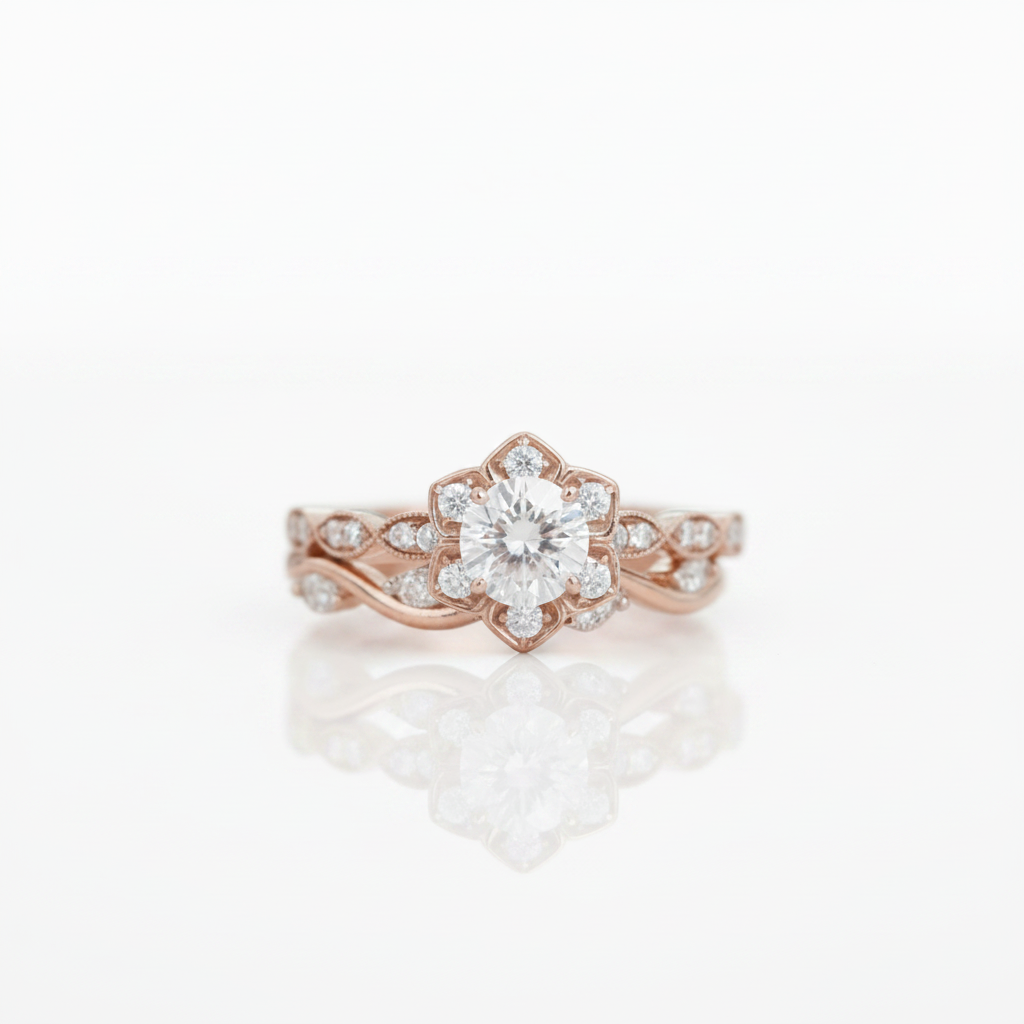 14K Rose Gold 0.5 Ct Round Cut Diamond Option Flower Engagement Ring Set