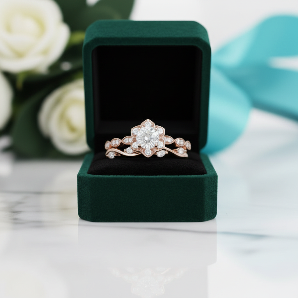 14K Rose Gold 0.5 Ct Round Cut Diamond Option Flower Engagement Ring Set