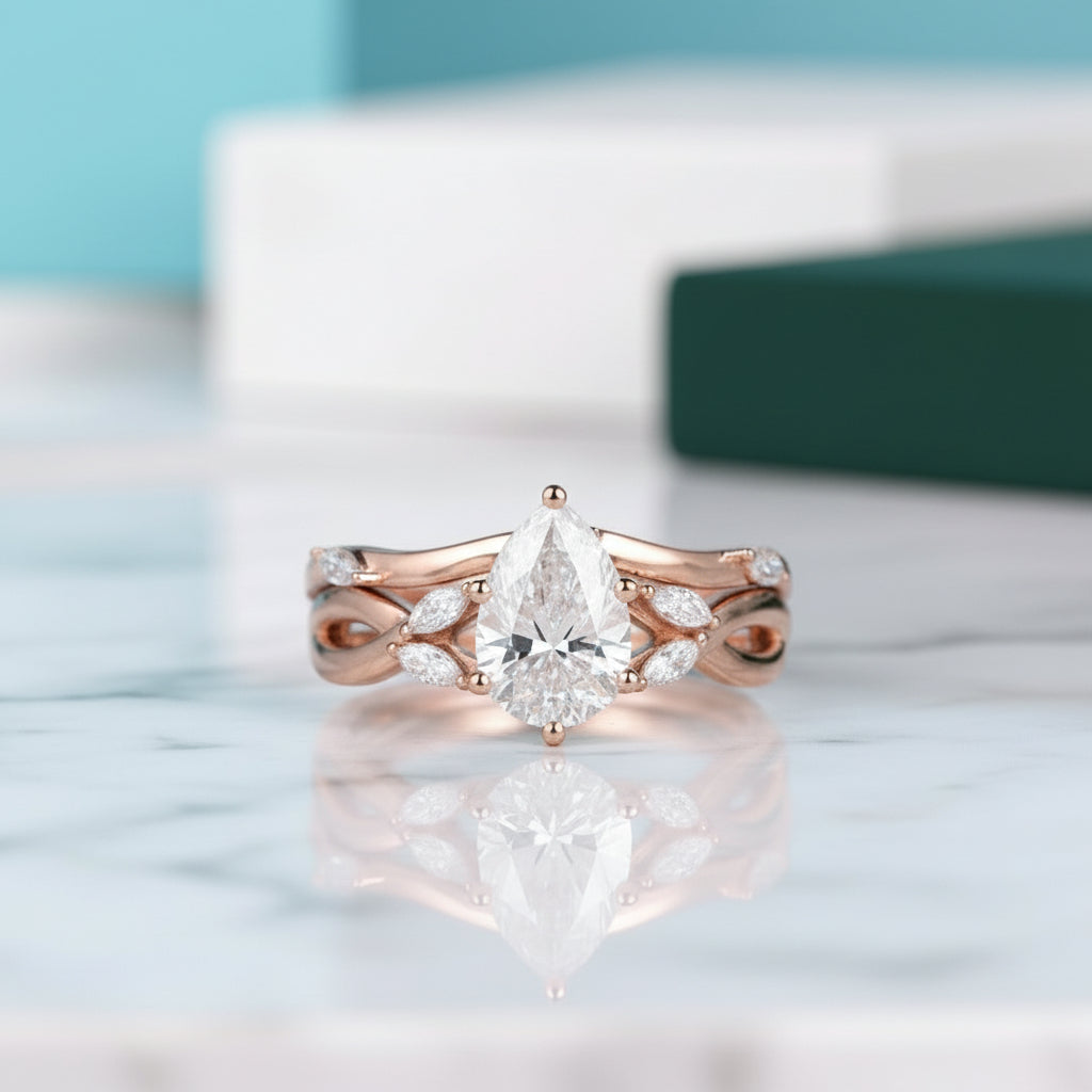 14K Rose Gold 1.5 Ct Pear Diamond Bridal Ring Set-Evani Jewelry