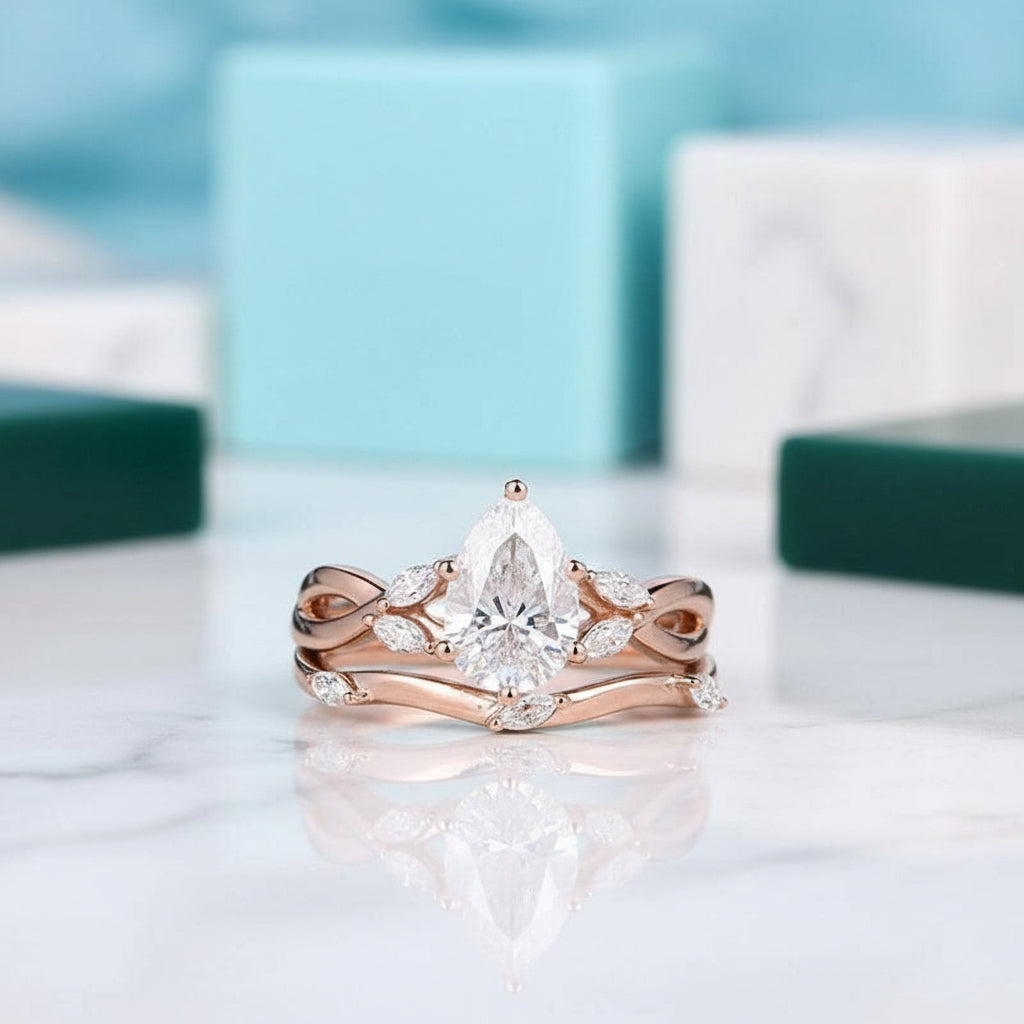 14K Rose Gold 1.5 Ct Pear Diamond Bridal Ring Set-Evani Jewelry