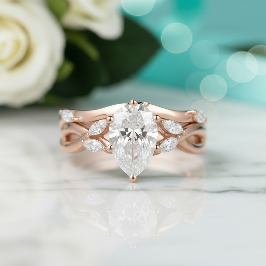 14K Rose Gold 1.5 Ct Pear Diamond Bridal Ring Set-Evani Jewelry