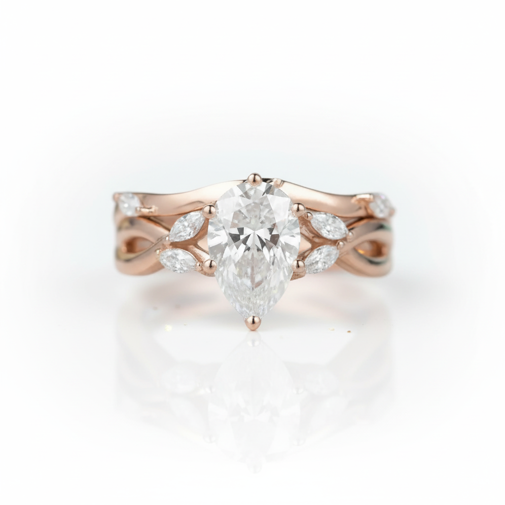 14K Rose Gold 1.5 Ct Pear Diamond Option Bridal Ring Set - Evani Naomi Jewelry