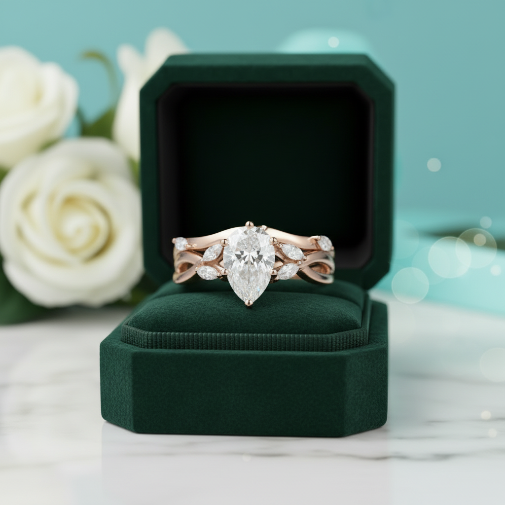 14K Rose Gold 1.5 Ct Pear Diamond Option Bridal Ring Set - Evani Naomi Jewelry