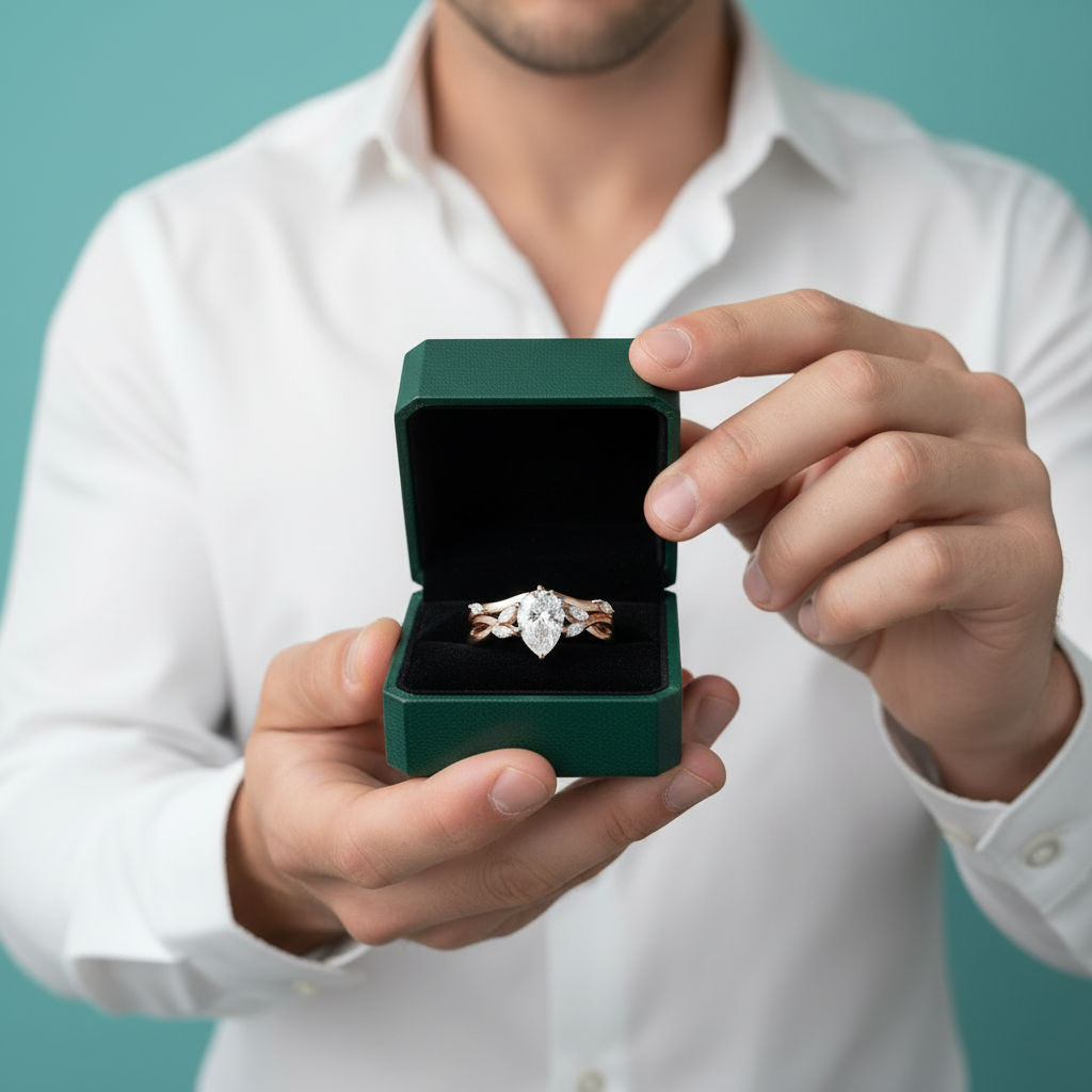 14K Rose Gold 1.5 Ct Pear Diamond Option Bridal Ring Set - Evani Naomi Jewelry