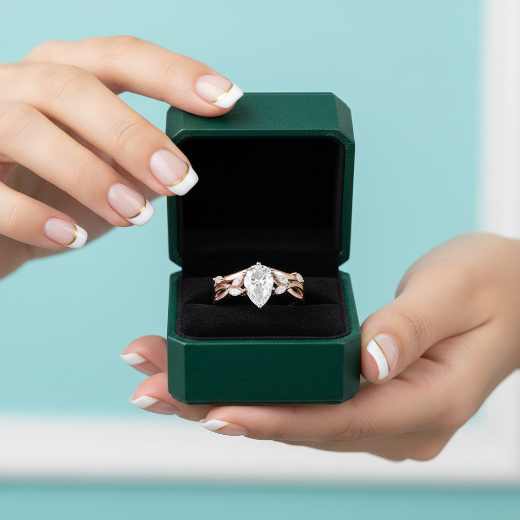 14K Rose Gold 1.5 Ct Pear Diamond Option Bridal Ring Set - Evani Naomi Jewelry