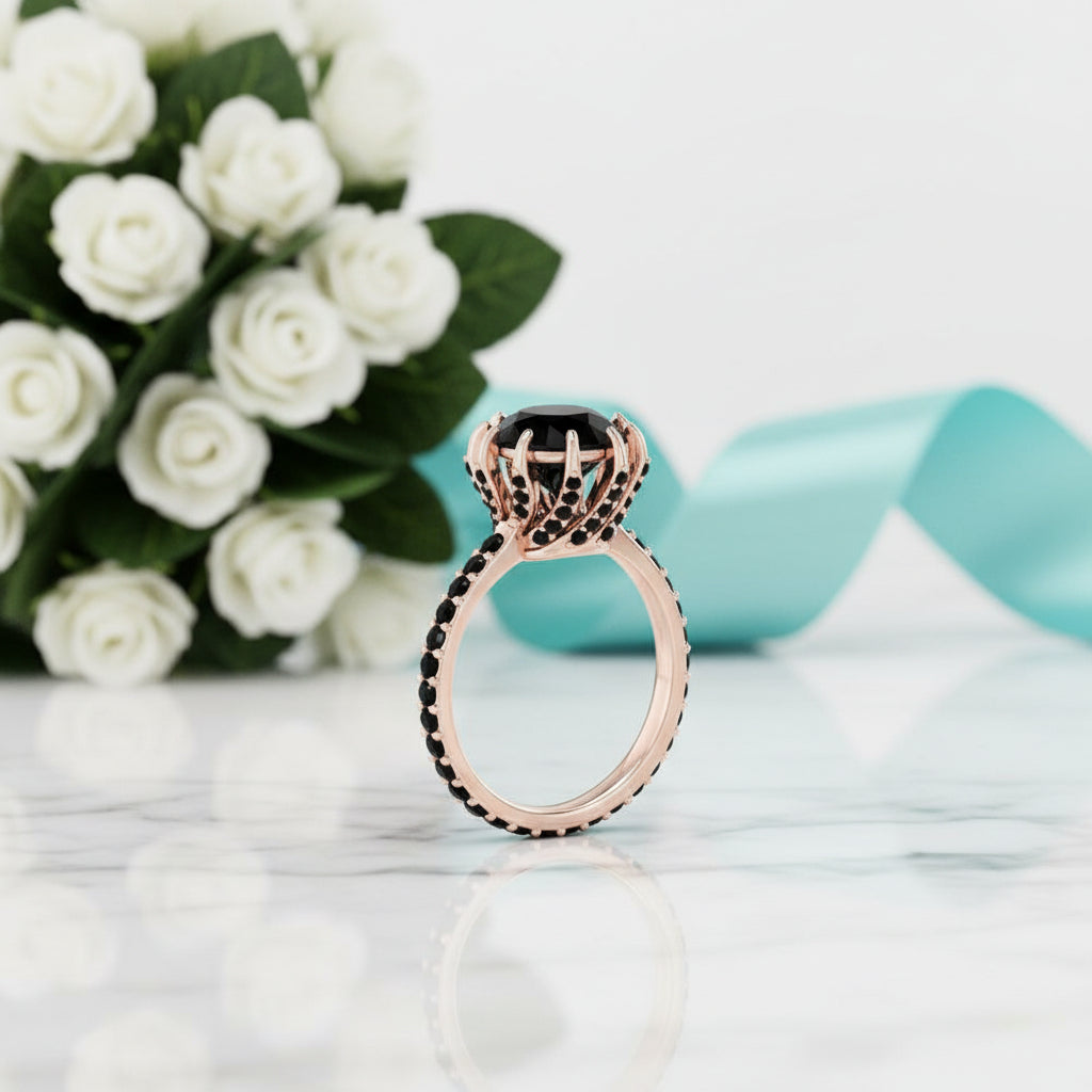 14K Rose Gold 2.0 Ct Round Black Diamond Engagement Ring-Evani Jewelry