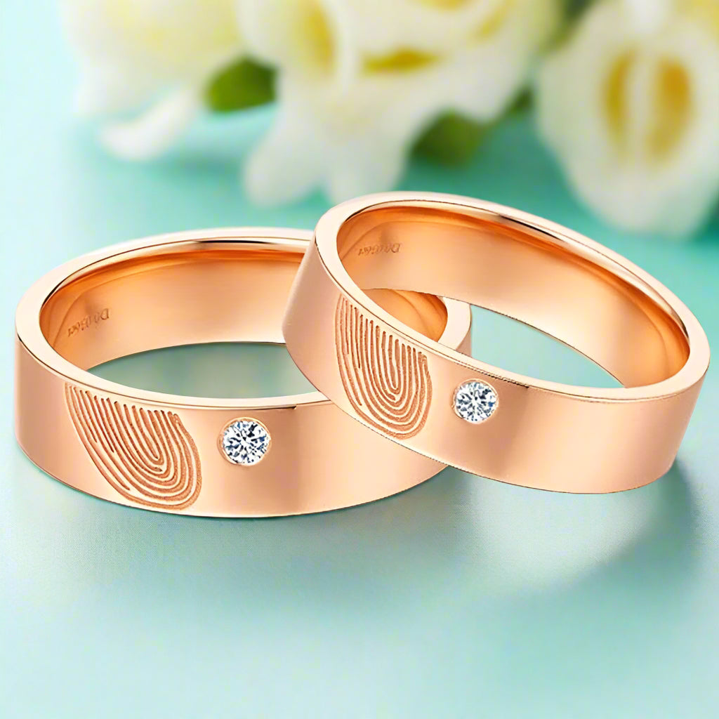 14K Rose Gold Round Moissanite Fingerprint Wedding Band-Evani Naomi Jewelry