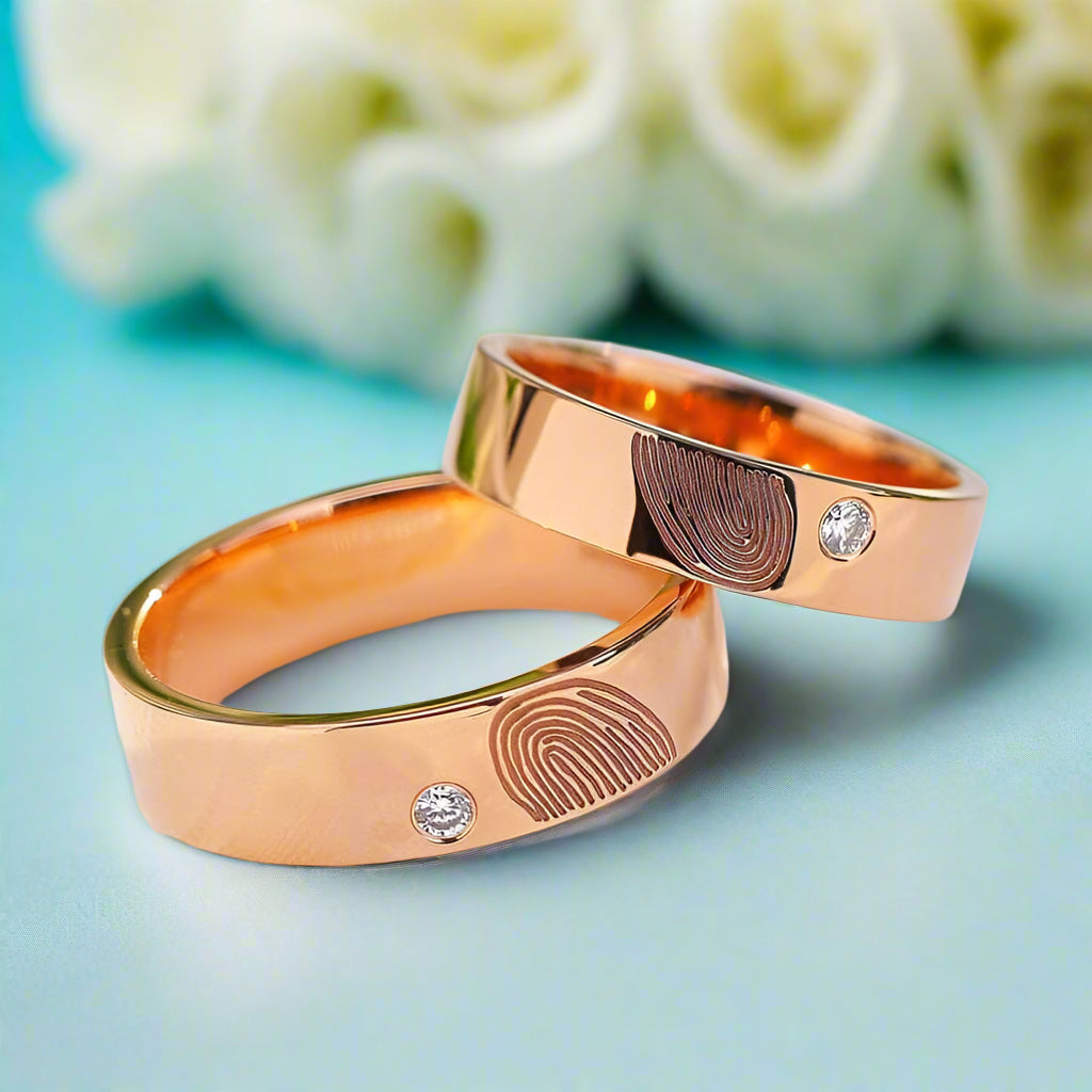 14K Rose Gold Round Moissanite Fingerprint Wedding Band-Evani Naomi Jewelry