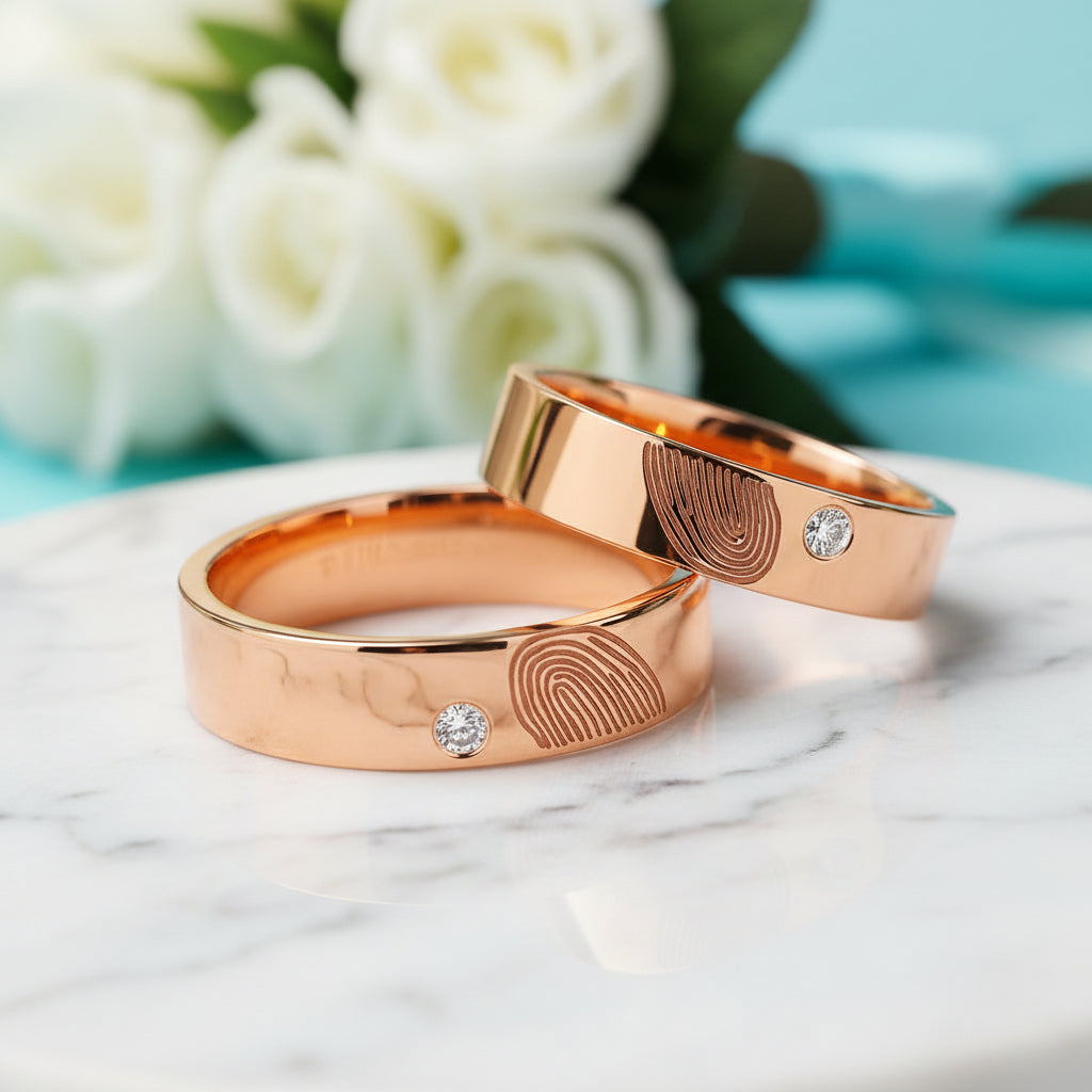 14k Rose Gold Round Diamond Fingerprint Wedding Band-Evani Jewelry