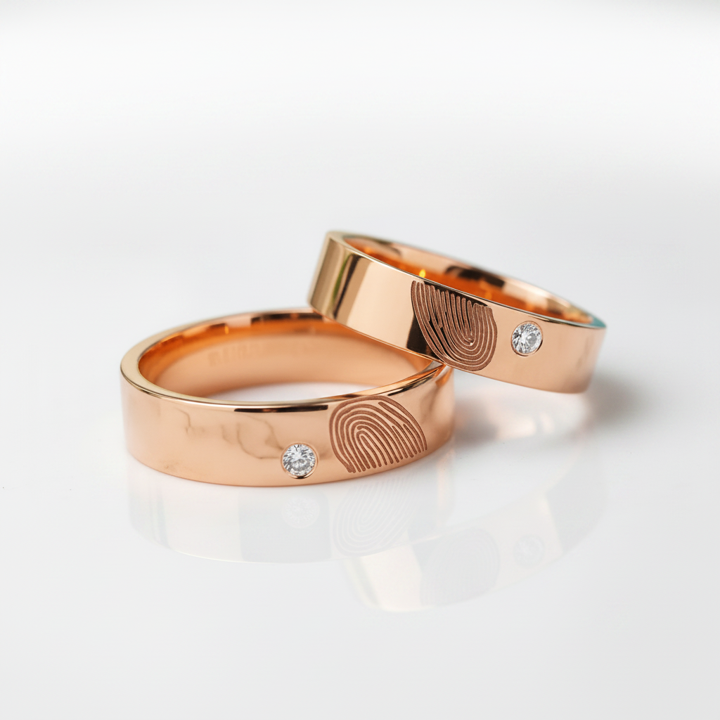 14k Rose Gold Round Diamond Option Fingerprint Wedding Band - Evani Naomi Jewelry