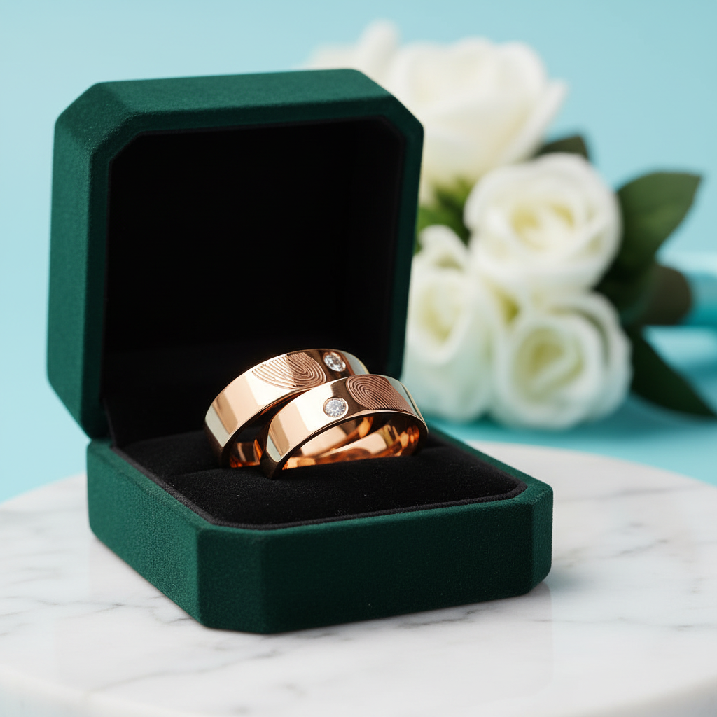 14k Rose Gold Round Diamond Option Fingerprint Wedding Band - Evani Naomi Jewelry