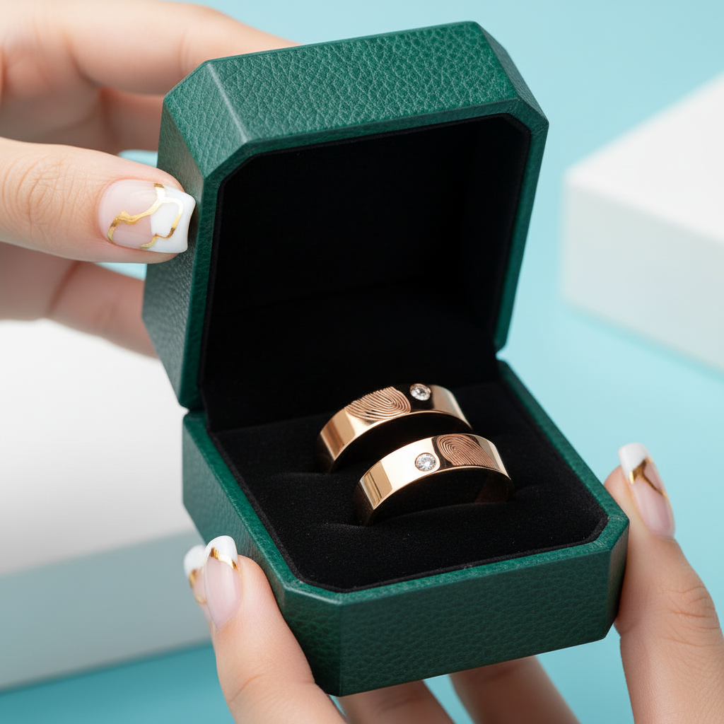 14k Rose Gold Round Diamond Option Fingerprint Wedding Band - Evani Naomi Jewelry