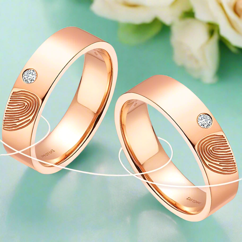 14K Rose Gold Round Moissanite Fingerprint Wedding Band-Evani Naomi Jewelry