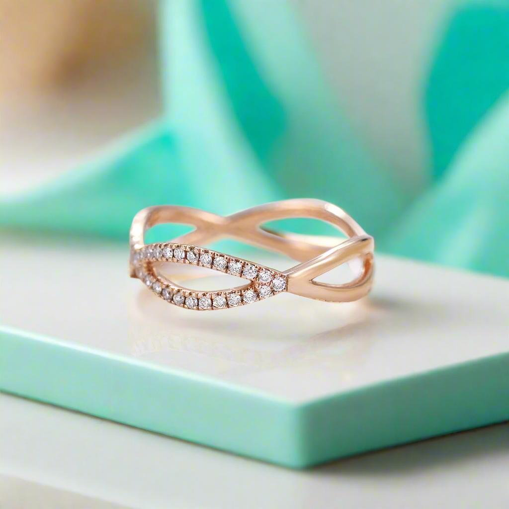 14K Rose Gold Split Shank Wedding Band with Round Diamonds-Evani Naomi Jewelry