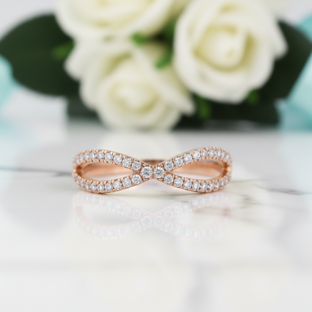 14K Rose Gold Split Shank Wedding Band with Round Diamonds-Evani Jewelry