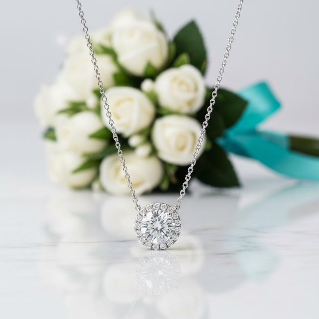 14K White Gold 1.0 Ct Diamond Halo Pendant Necklace-Evani Jewelry