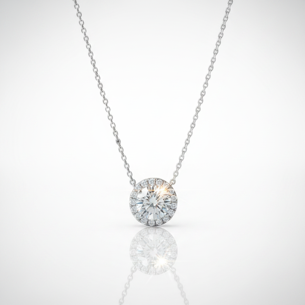 14K White Gold 1.0 Ct Diamond OptionHalo Pendant Necklace