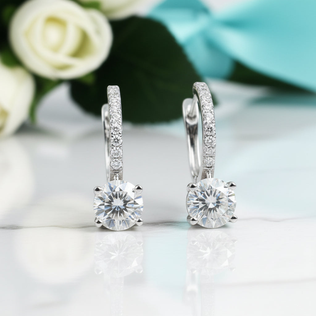 14K White Gold 1.0 Ct Round Diamond Drop Earrings-Evani Jewelry