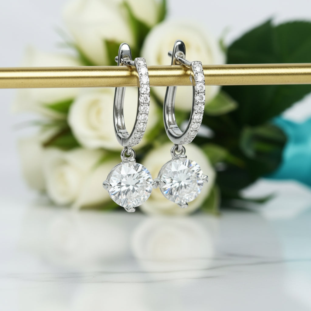 14K White Gold 1.0 Ct Round Diamond Drop Earrings-Evani Jewelry