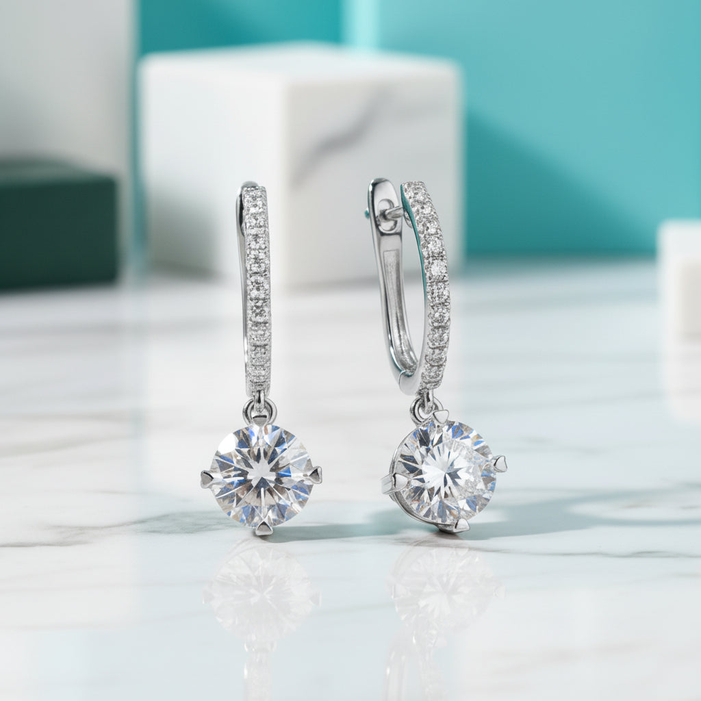 14K White Gold 1.0 Ct Round Diamond Drop Earrings-Evani Jewelry