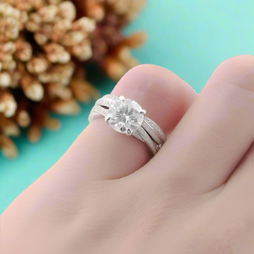 14K White Gold 2.0 Ct Diamond Twist Band Engagement Ring Set-Evani Jewelry