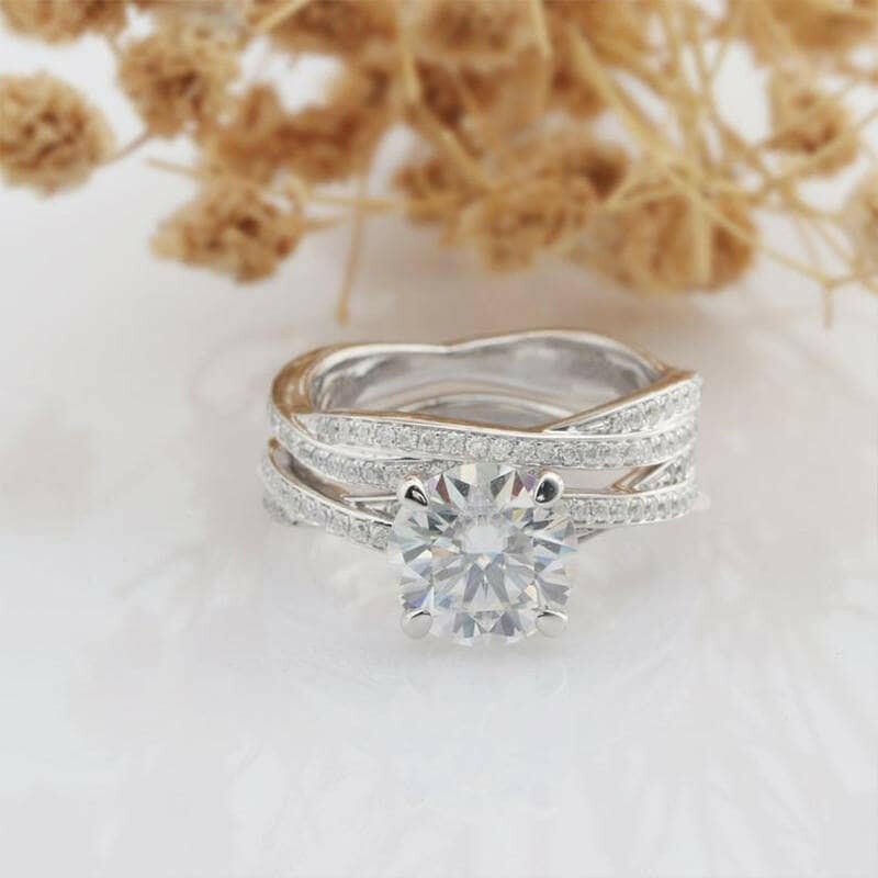 14K White Gold 2.0 Ct Diamond Twist Band Engagement Ring Set-Evani Jewelry