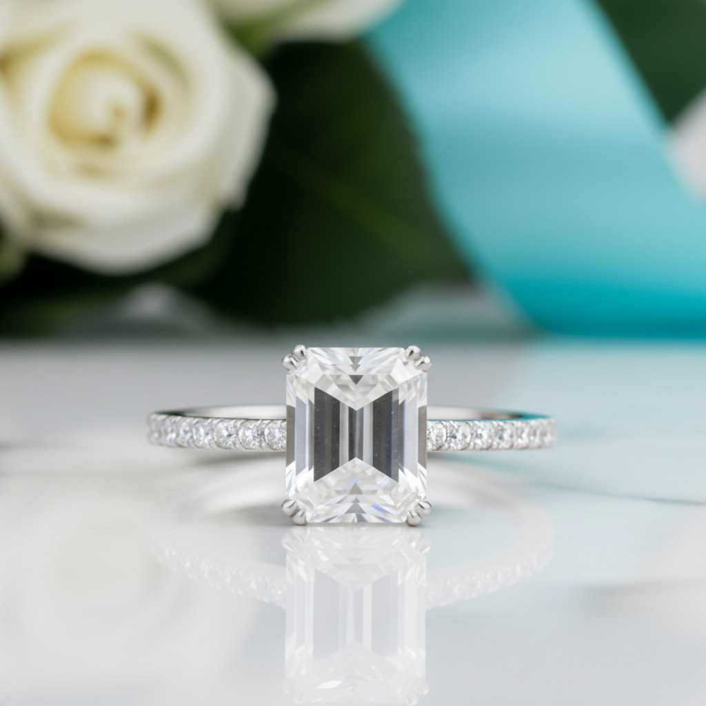 14K White Gold Emerald Cut Diamond Engagement Ring-Evani Jewelry