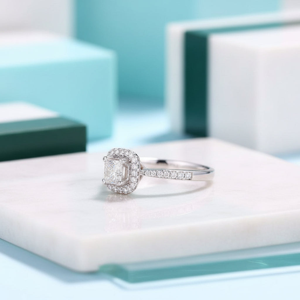 14K White Gold Princess Cut Halo Diamond Engagement Ring-Evani Jewelry