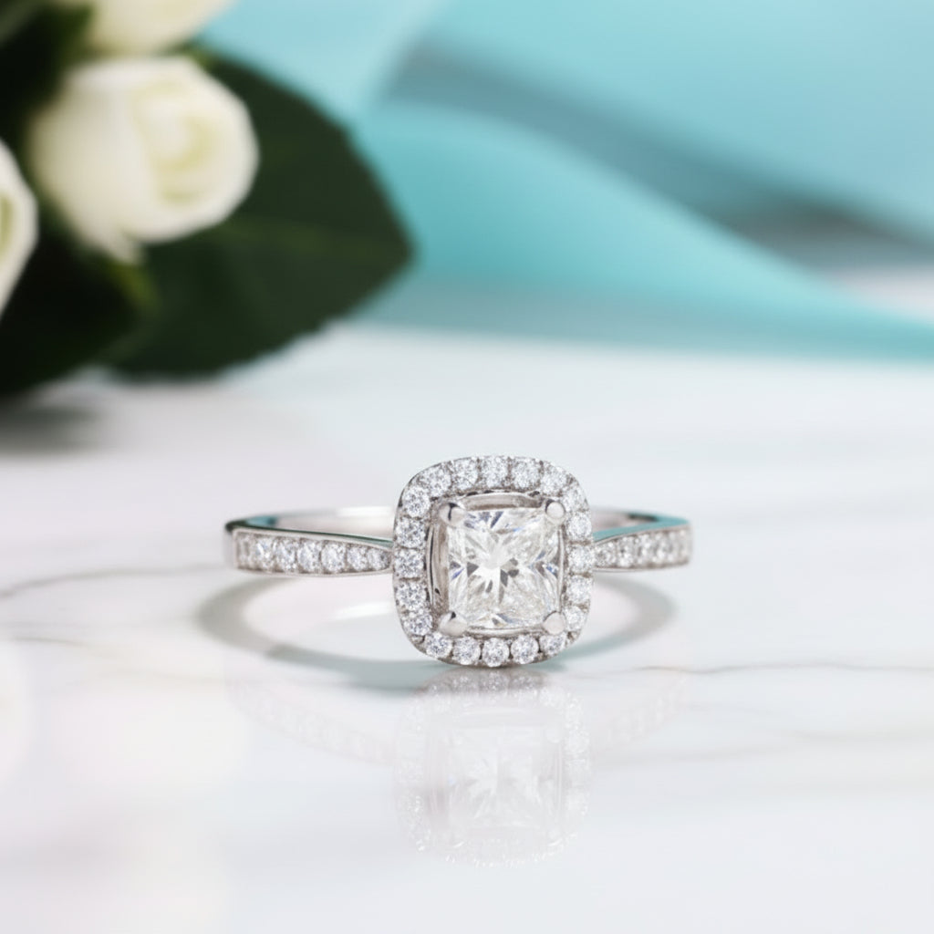 14K White Gold Princess Cut Halo Diamond Engagement Ring-Evani Jewelry