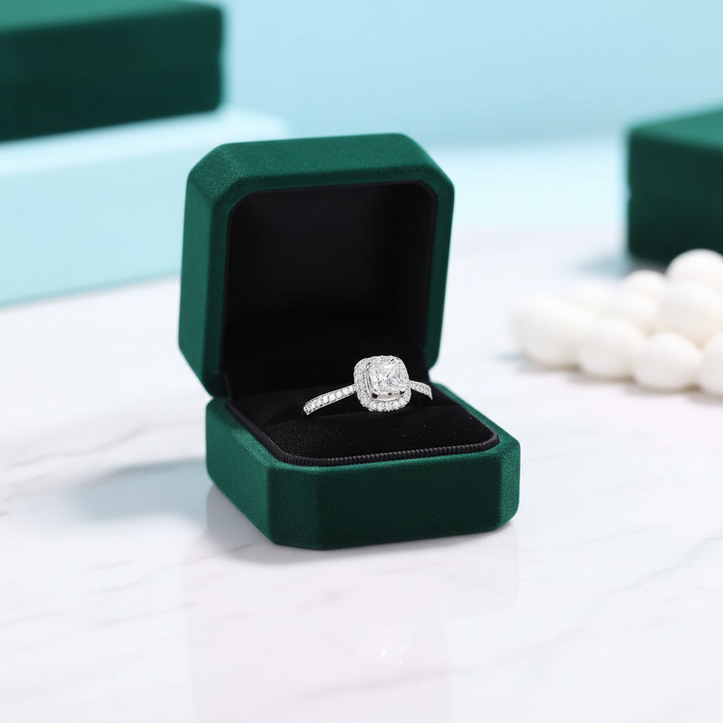 14K White Gold Princess Cut Halo Diamond OptionEngagement Ring - Evani Naomi Jewelry