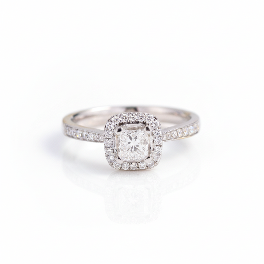 14K White Gold Princess Cut Halo Diamond OptionEngagement Ring - Evani Naomi Jewelry