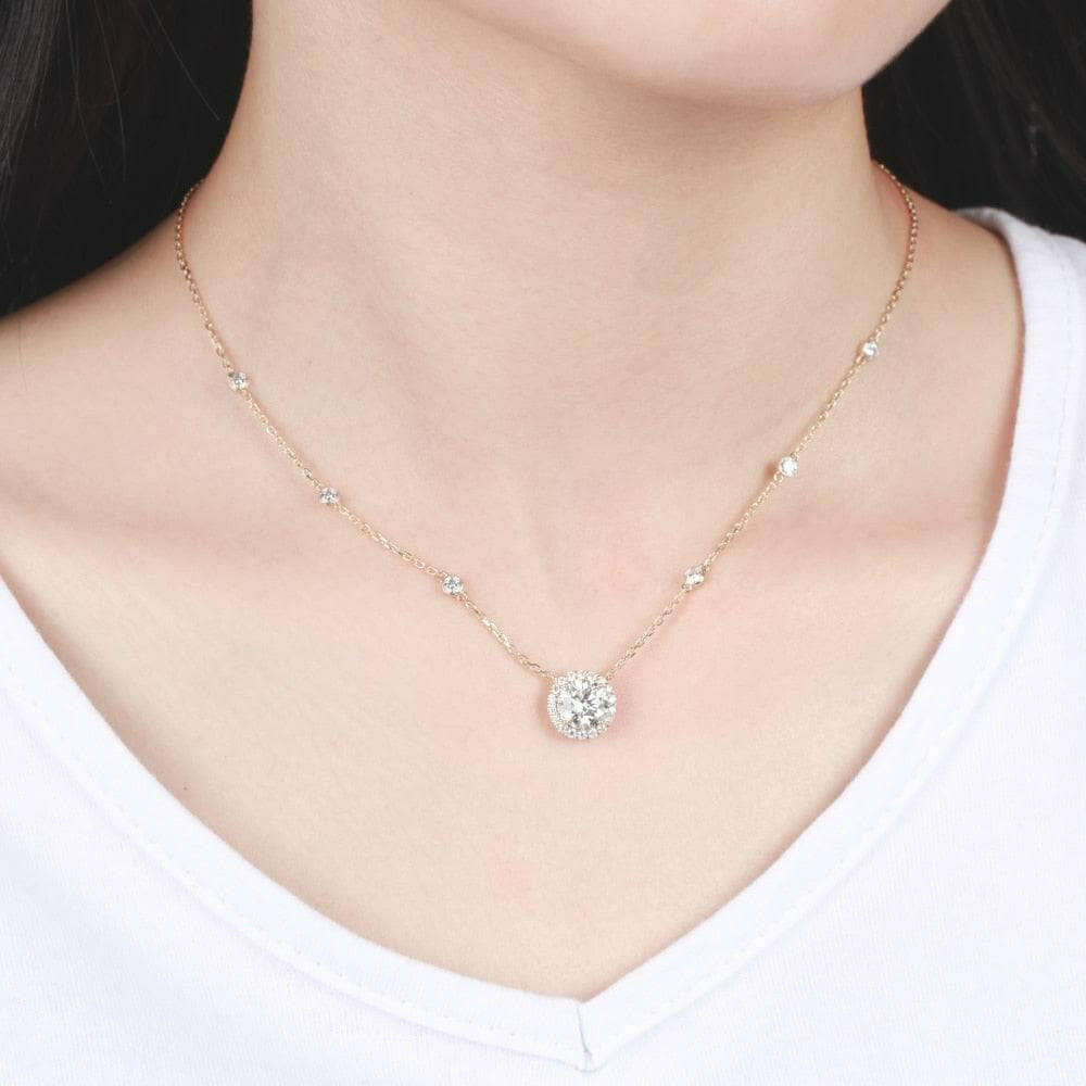 14K Yellow Gold 2.0 Ct Round Cut Diamond Halo Pendant Necklace-Evani Naomi Jewelry