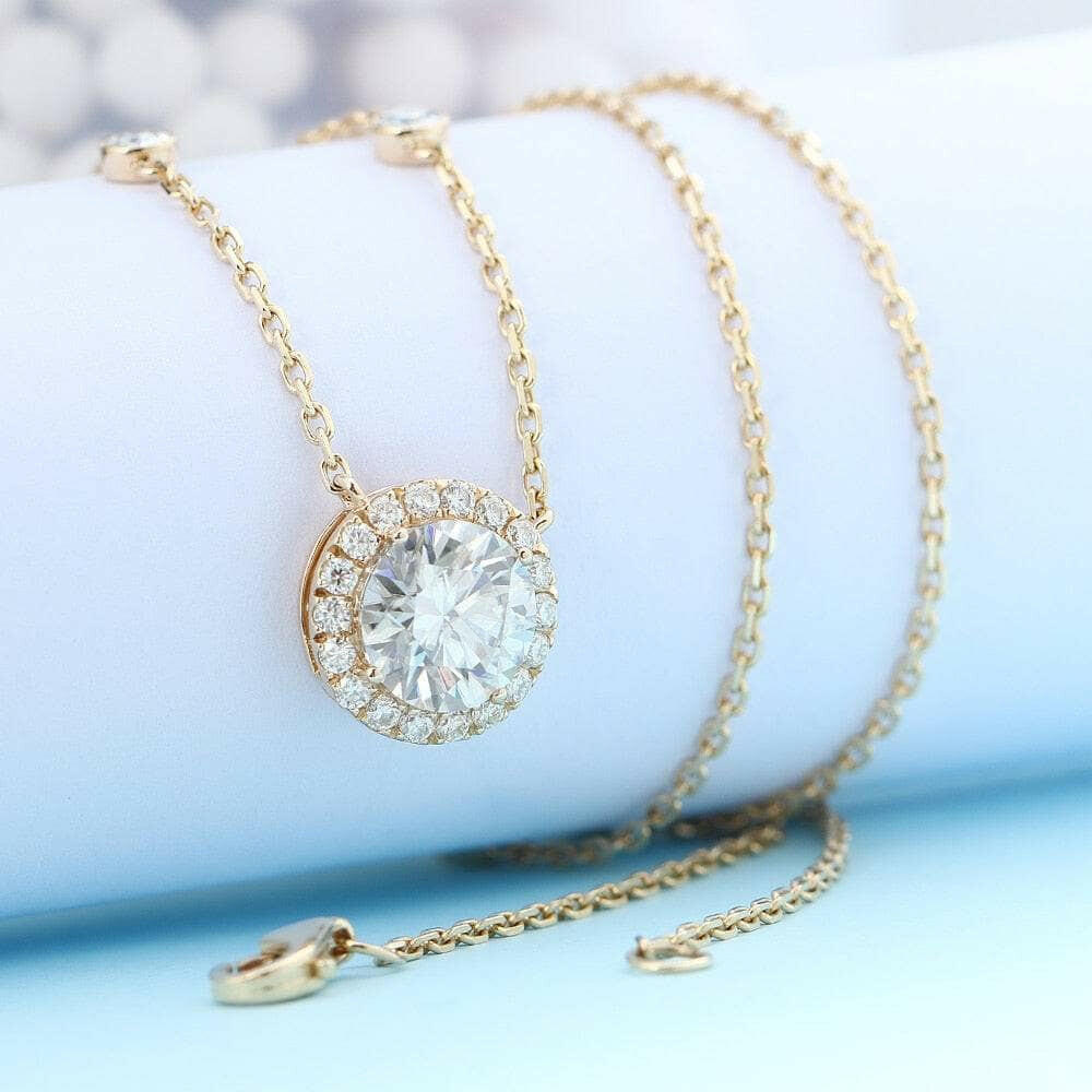14K Yellow Gold 2.0 Ct Round Cut Diamond Halo Pendant Necklace-Evani Naomi Jewelry