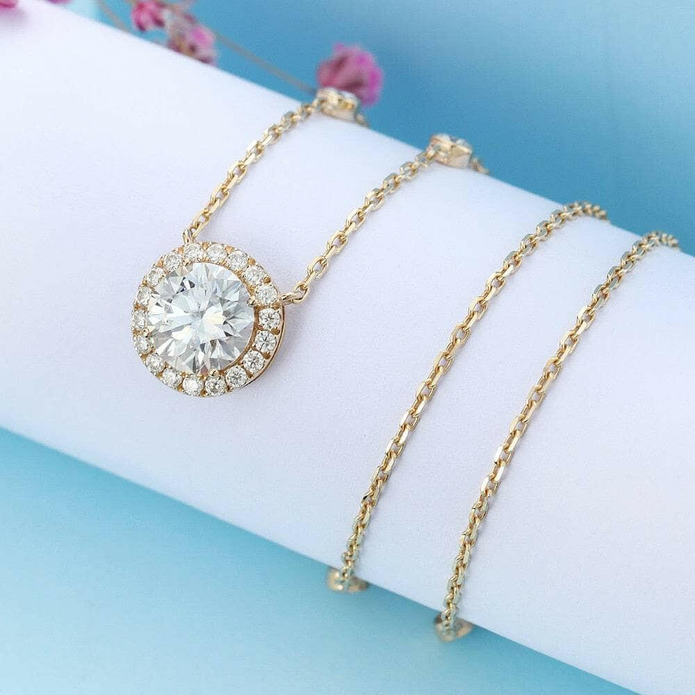 14K Yellow Gold 2.0 Ct Round Cut Diamond Halo Pendant Necklace-Evani Naomi Jewelry