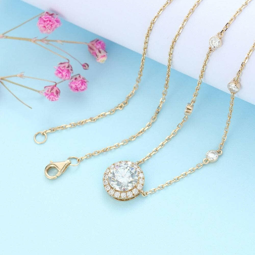 14K Yellow Gold 2.0 Ct Round Cut Diamond Halo Pendant Necklace-Evani Naomi Jewelry